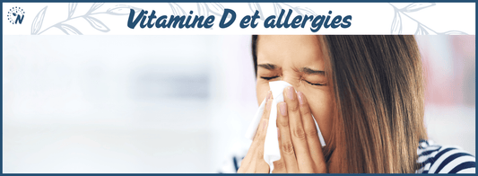 Une femme se mouchant a cause d'allergies, bannière du blog "vitamine D et allergies"