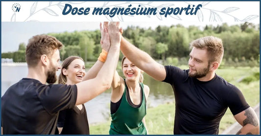 Banniere magnésium et sportifs, 4 sportifs se tapant dans la main.