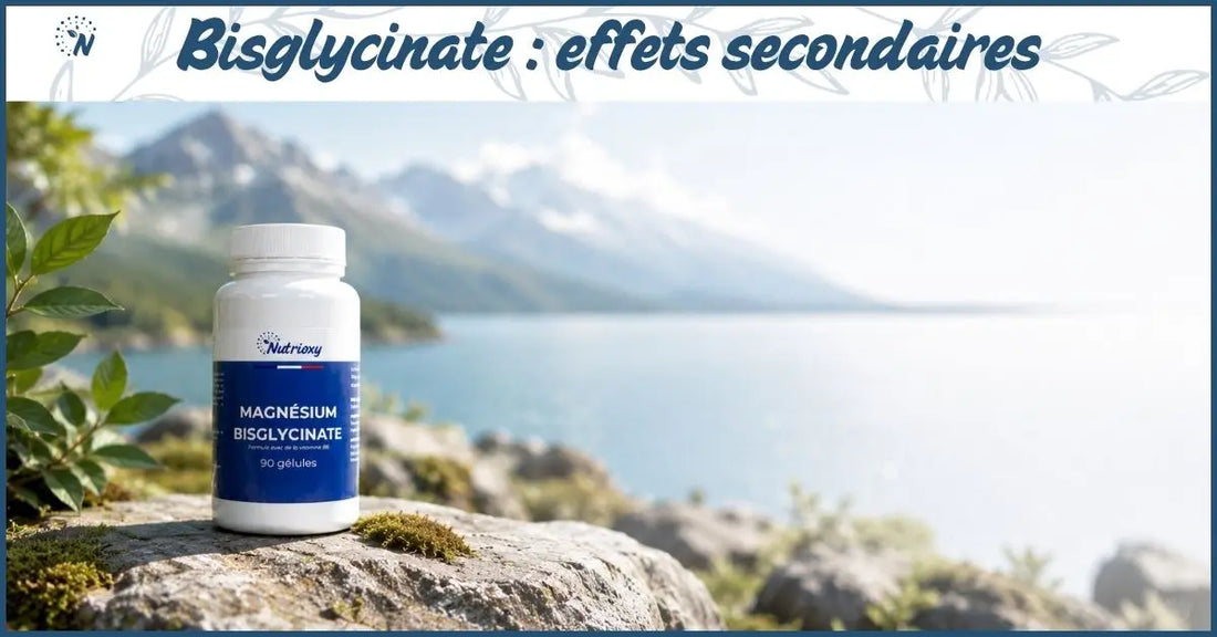 Un pilulier de magnésium bisglycinate dans un décor de nature et banniere "magnésium bisglycinate : effets secondaires"