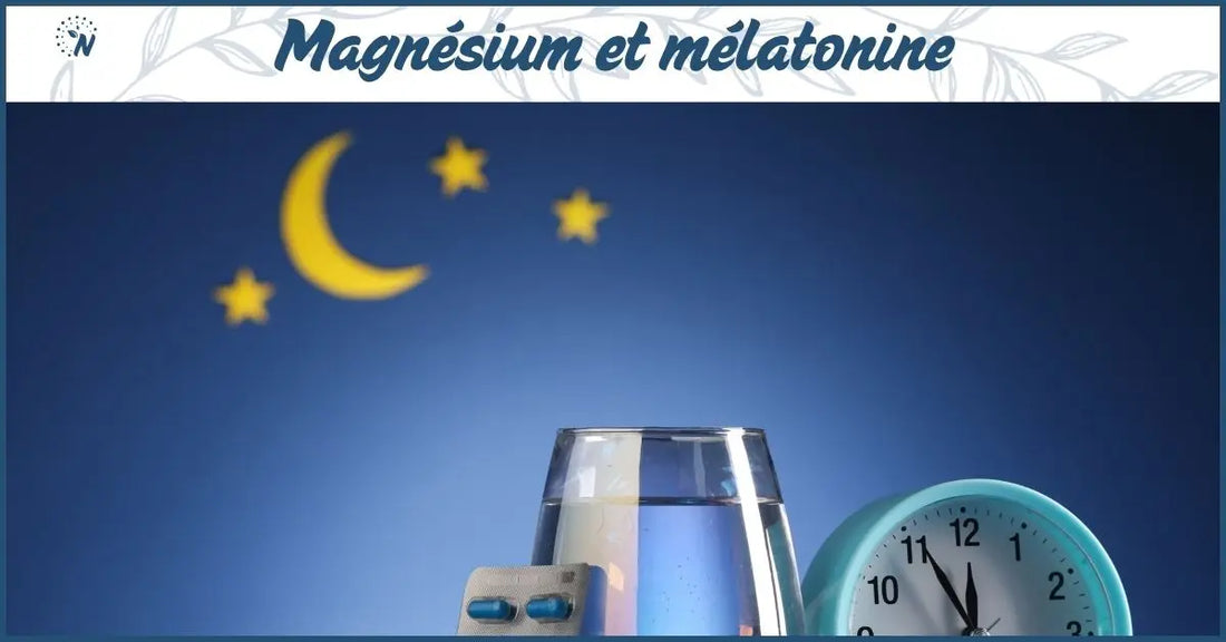 Des compléménts de magnésium et de mélatonine, posés sur un fond étoilé symbolisant leur synergie pour un sommeil réparateur