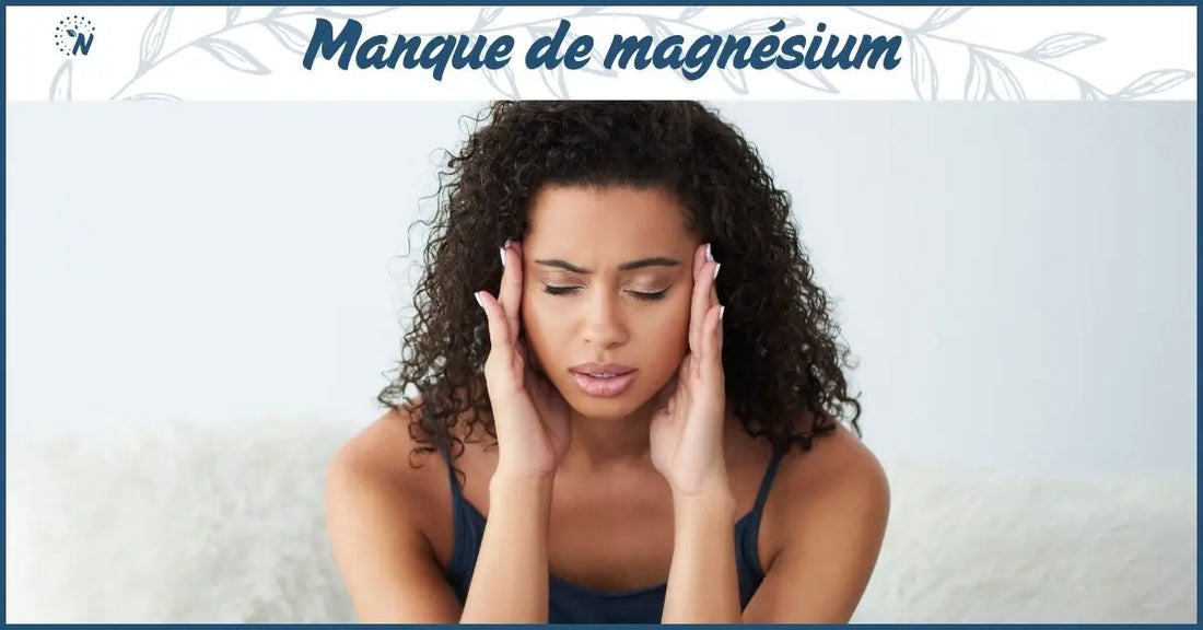 Bannière manque de magnésium, femme souffrant de stress et de fatigue, carence en magnésium 