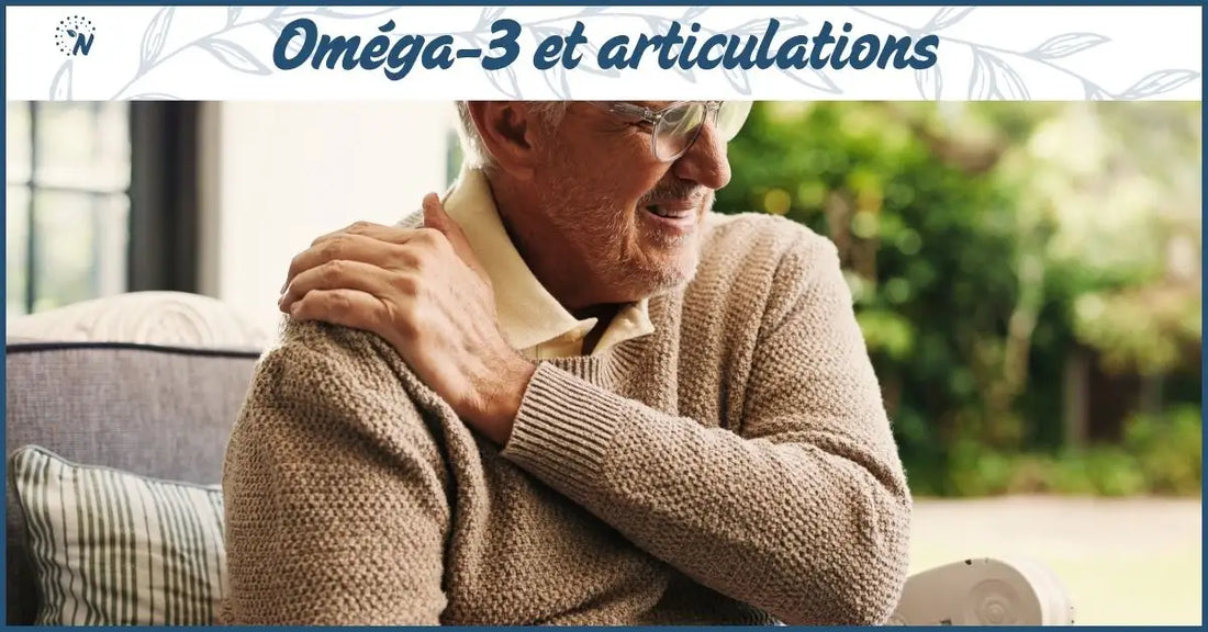 Bannière oméga 3 et articulation, personne âgée souffrant de douleurs articulaires