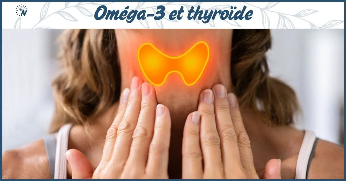Bannière oméga-3 et thyroïde, une femme montrant sa thyroïde  