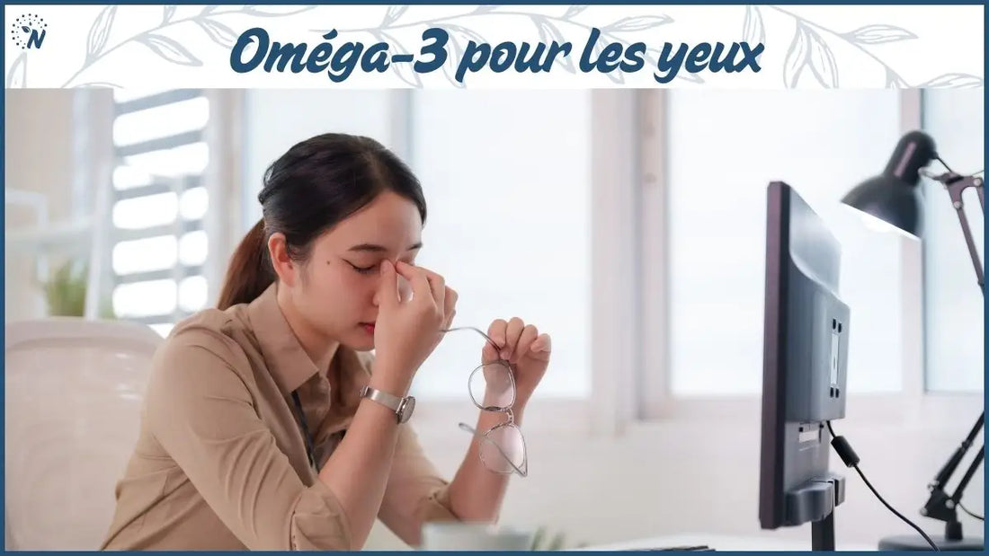 Bannière Oméga-3 pour les yeux montrant une femme fatiguée devant son ordinateur