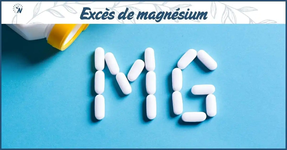 Nombreuses gélules de magnésium formant l'élément Mg, symbolisant un excès de magnésium