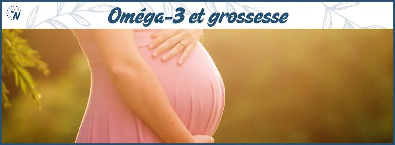 Bannière Oméga-3 et grossesse avec femme enceinte en robe rose de profil