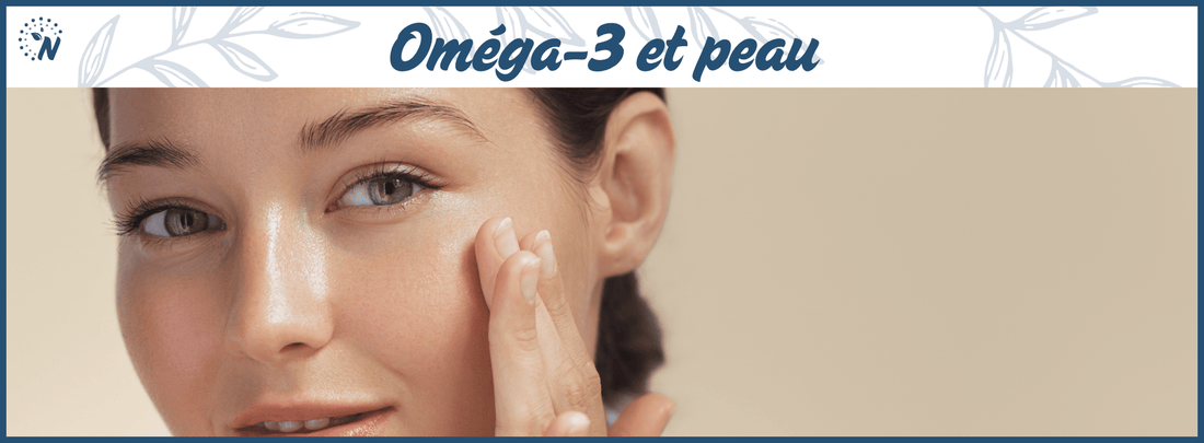 Bannière Oméga-3 et peau avec visage de femme à la peau éclatante
