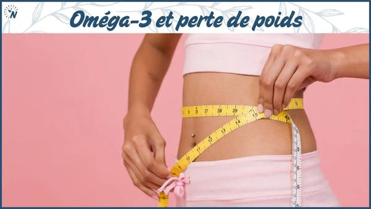 Bannière Oméga-3 et perte de poids montrant une taille mesurée avec un ruban jaune