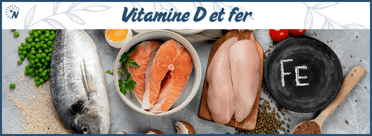 Aliments riches en fer avec symbole chimique Fe, illustration du lien entre vitamine D et fer