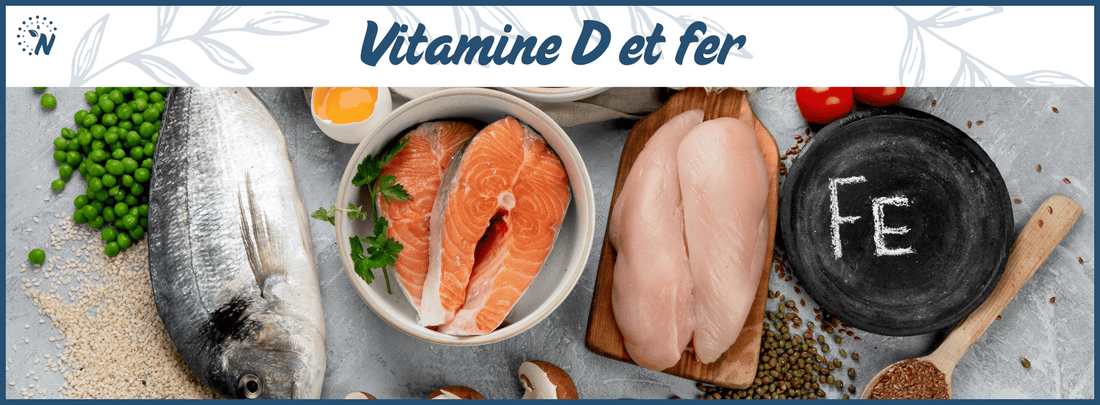 Aliments riches en fer avec symbole chimique Fe, illustration du lien entre vitamine D et fer