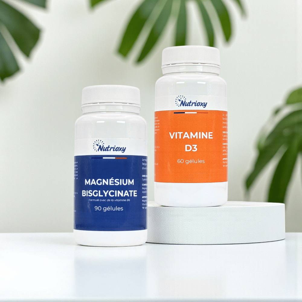 Photo des piluliers de magnésium bisglycinate et vitamine D3 Nutrioxy