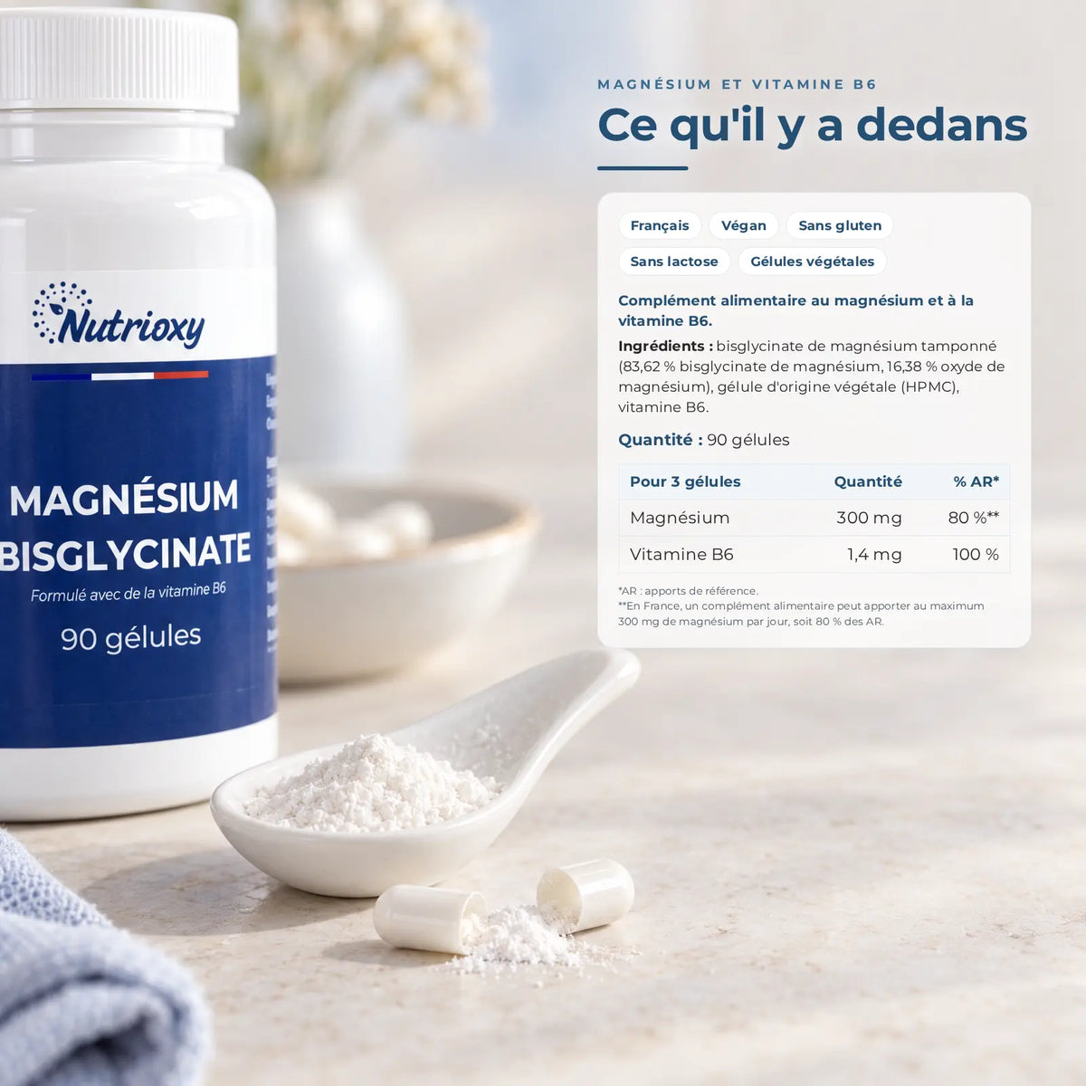Composition et valeurs nutritionnelles du magnésium bisglycinate Nutrioxy